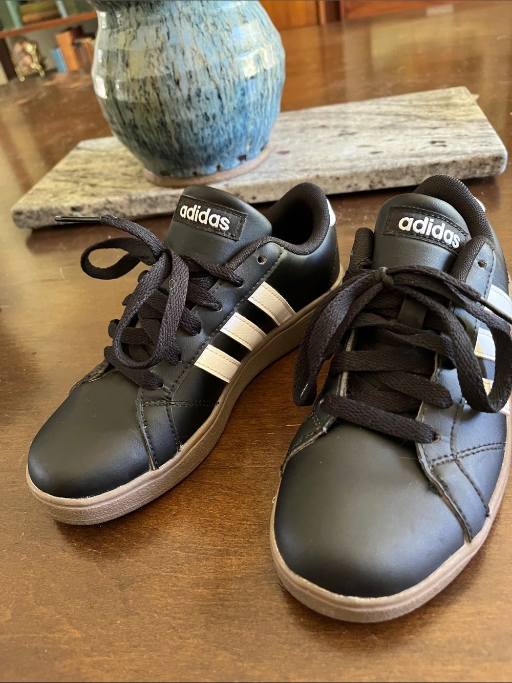 adidas Kids Black Sneakers with White Stripes and Brown Sole